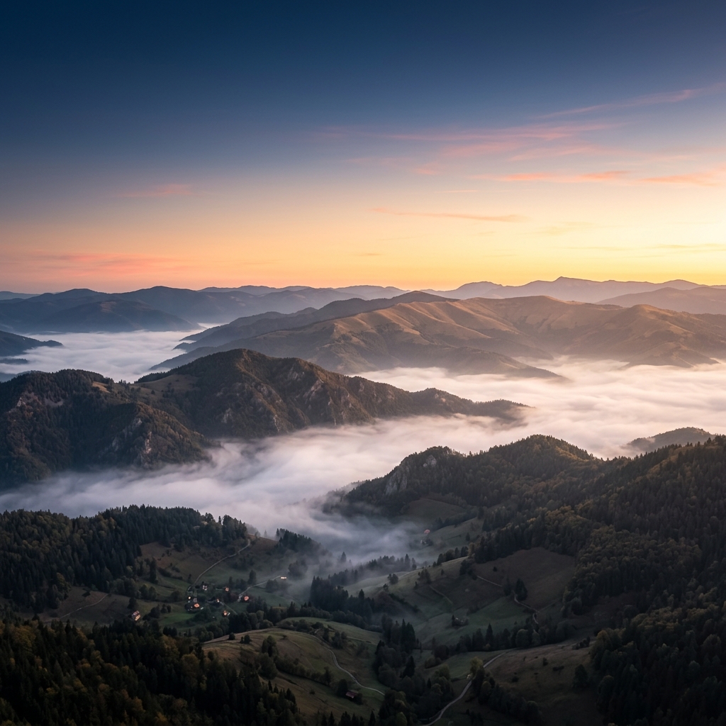A serene dawn landscape showing misty mountains and sunrise gradients
